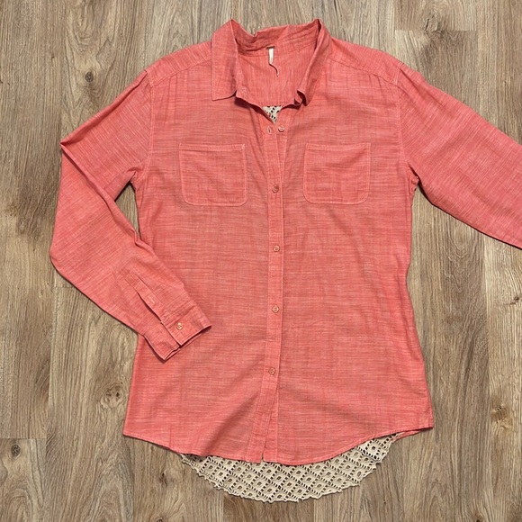 Free People Slubby Road Trip Lace Crochet Back Button Down Shirt - Picture 6 of 7
